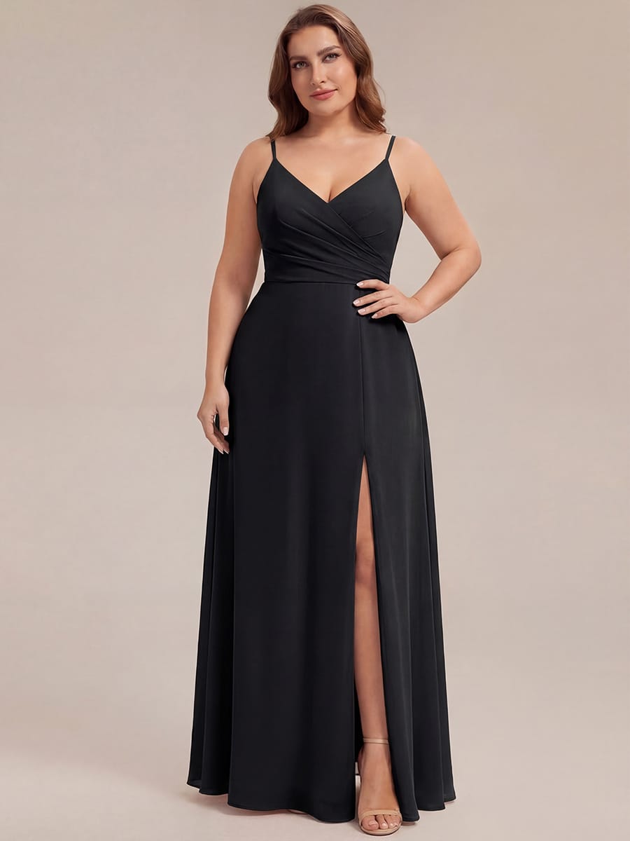ever RENÉ|Spaghetti Strap Pleated V-Neck High Slit Bridesmaid Dress