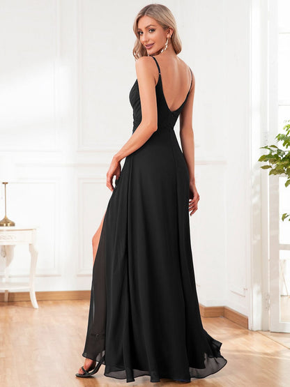 ever RENÉ|Spaghetti Strap Pleated V-Neck High Slit Bridesmaid Dress