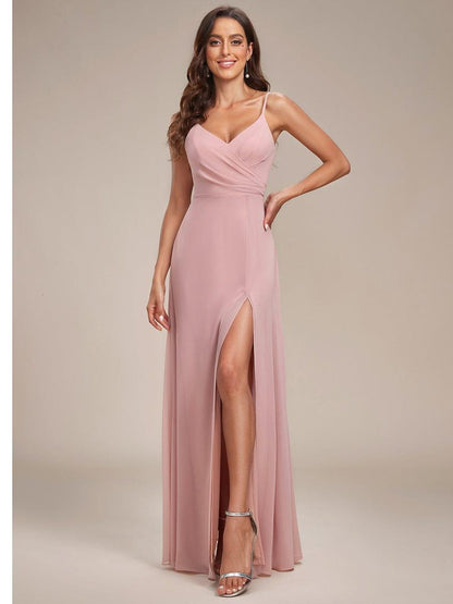 ever RENÉ|Spaghetti Strap Pleated V-Neck High Slit Bridesmaid Dress