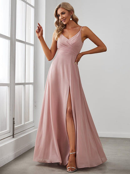 ever RENÉ|Spaghetti Strap Pleated V-Neck High Slit Bridesmaid Dress