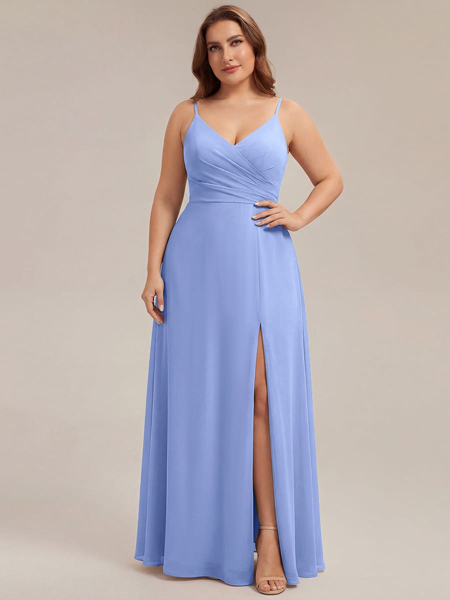 ever RENÉ|Spaghetti Strap Pleated V-Neck High Slit Bridesmaid Dress