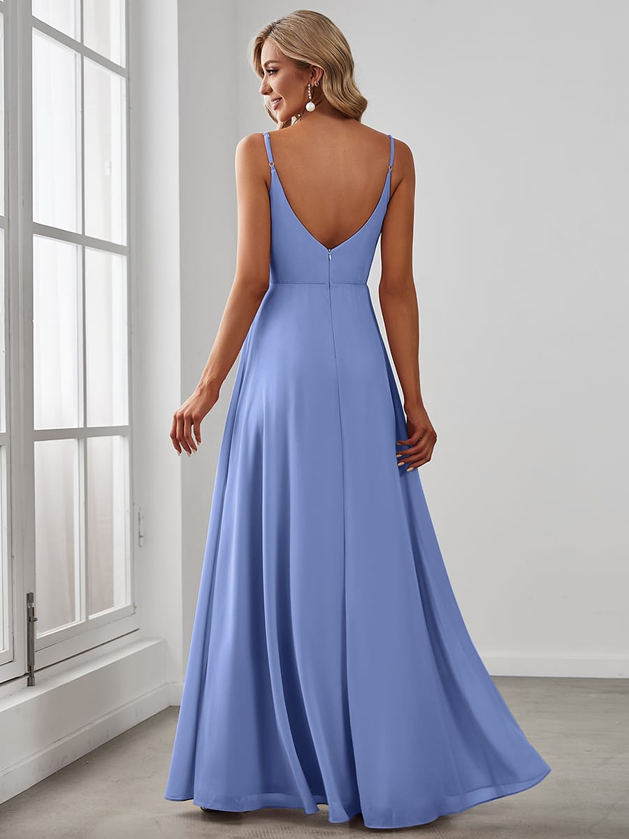 ever RENÉ|Spaghetti Strap Pleated V-Neck High Slit Bridesmaid Dress