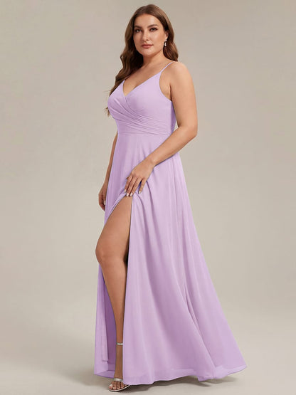 ever RENÉ|Spaghetti Strap Pleated V-Neck High Slit Bridesmaid Dress
