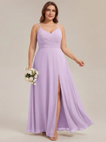 ever RENÉ|Spaghetti Strap Pleated V-Neck High Slit Bridesmaid Dress