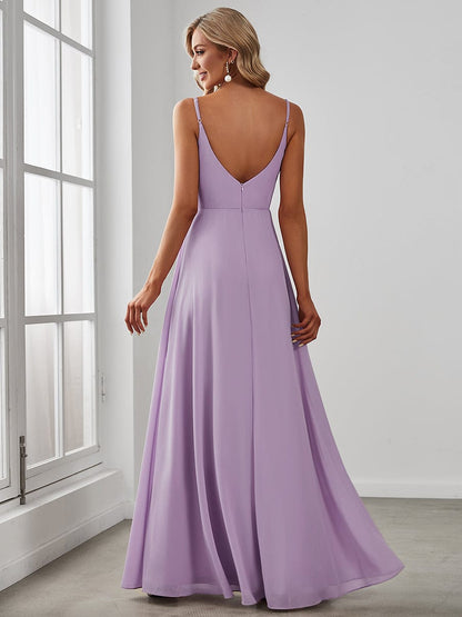 ever RENÉ|Spaghetti Strap Pleated V-Neck High Slit Bridesmaid Dress