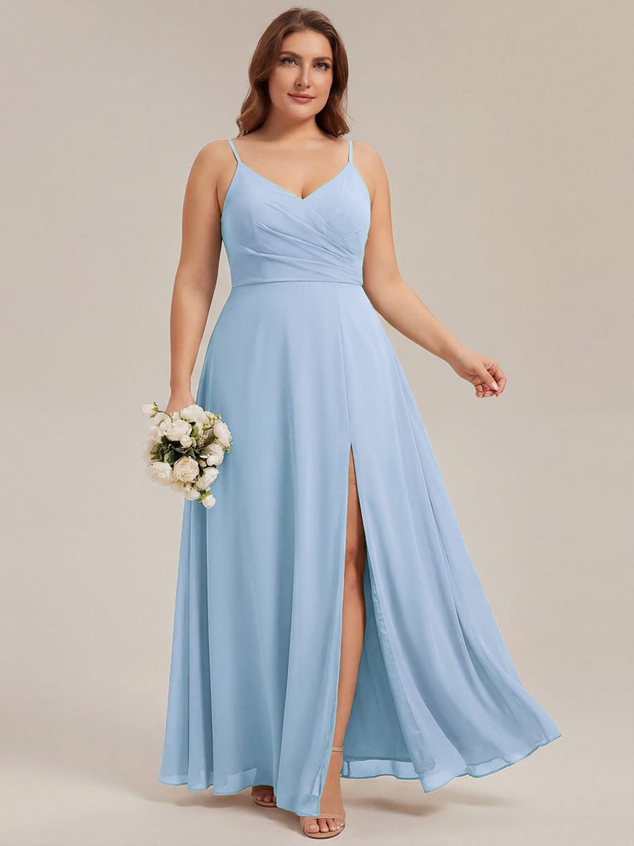 ever RENÉ|Spaghetti Strap Pleated V-Neck High Slit Bridesmaid Dress