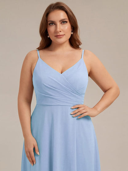 ever RENÉ|Spaghetti Strap Pleated V-Neck High Slit Bridesmaid Dress