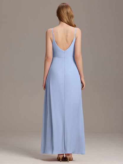 ever RENÉ|Spaghetti Strap Pleated V-Neck High Slit Bridesmaid Dress