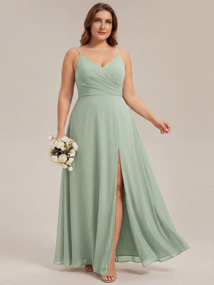 ever RENÉ|Spaghetti Strap Pleated V-Neck High Slit Bridesmaid Dress
