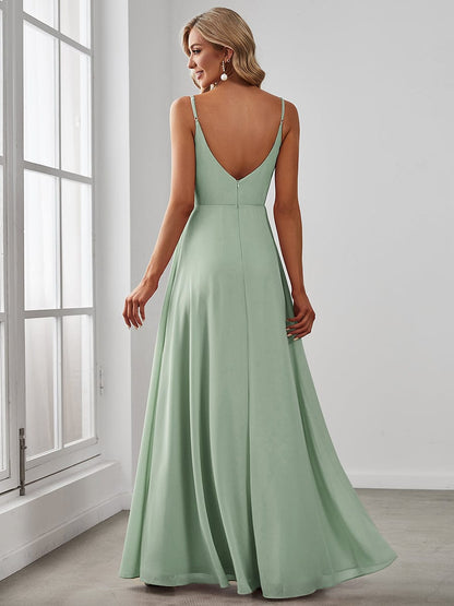 ever RENÉ|Spaghetti Strap Pleated V-Neck High Slit Bridesmaid Dress