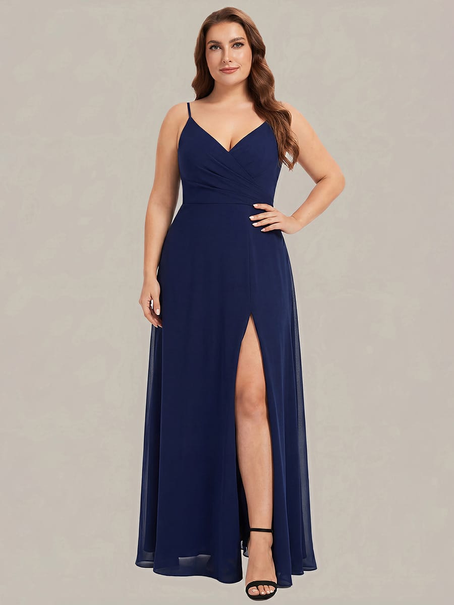 ever RENÉ|Spaghetti Strap Pleated V-Neck High Slit Bridesmaid Dress