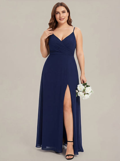 ever RENÉ|Spaghetti Strap Pleated V-Neck High Slit Bridesmaid Dress