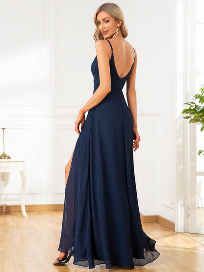 ever RENÉ|Spaghetti Strap Pleated V-Neck High Slit Bridesmaid Dress