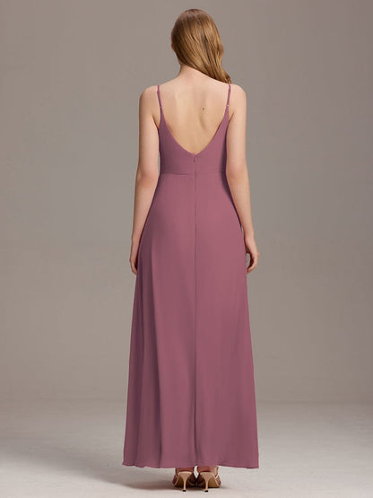 ever RENÉ|Spaghetti Strap Pleated V-Neck High Slit Bridesmaid Dress