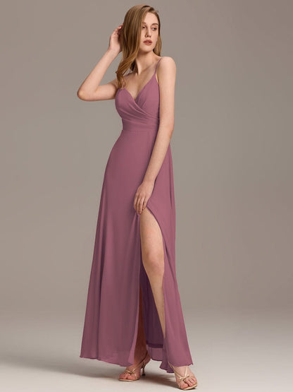 ever RENÉ|Spaghetti Strap Pleated V-Neck High Slit Bridesmaid Dress