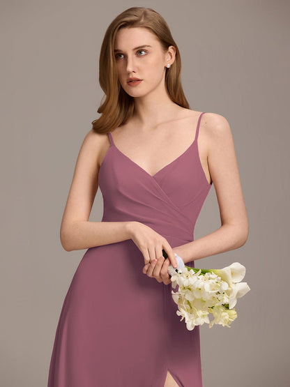 ever RENÉ|Spaghetti Strap Pleated V-Neck High Slit Bridesmaid Dress