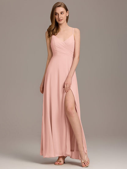 ever RENÉ|Spaghetti Strap Pleated V-Neck High Slit Bridesmaid Dress