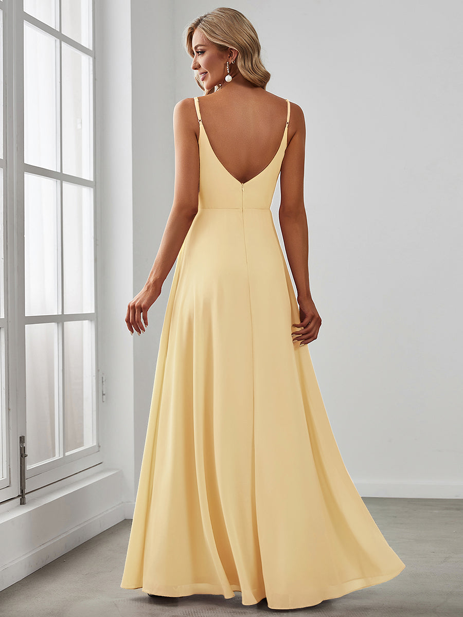 ever RENÉ|Spaghetti Strap Pleated V-Neck High Slit Bridesmaid Dress