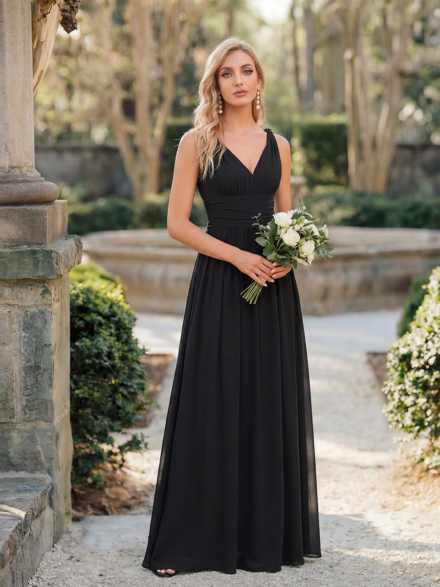 ever HUSH|V Neck Sleeveless Pleated Chiffon Evening Dress