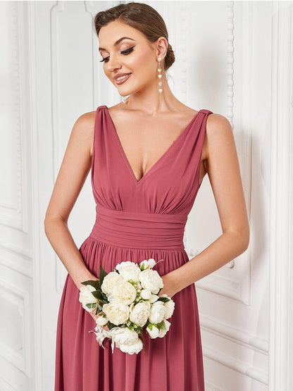 ever HUSH|V Neck Sleeveless Pleated Chiffon Evening Dress