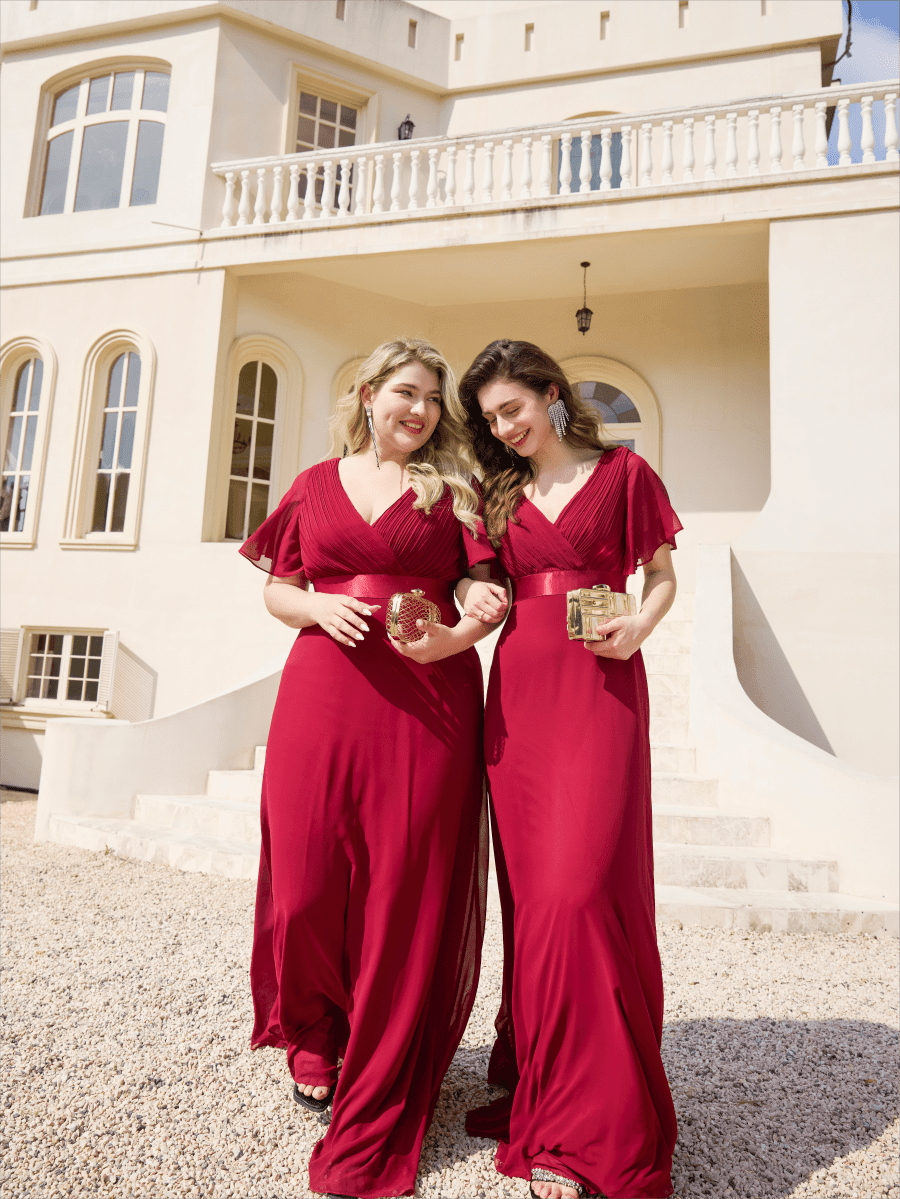 ever MONICA|Long Empire Waist Bridesmaid Dress with Short Flutter Sleeves