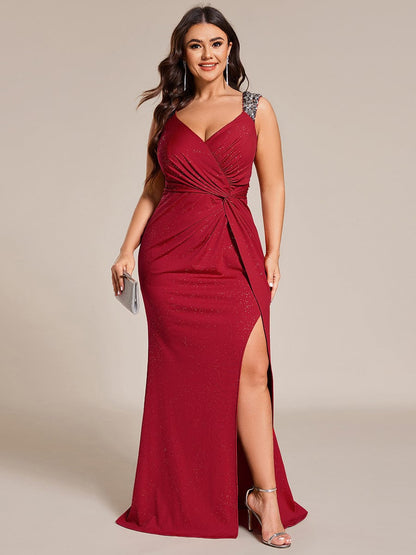 Robe de Soirée Élégante à Sequins avec Décolleté en V et Fente Haute