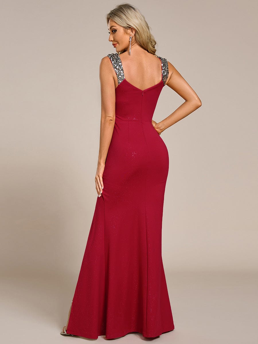 Robe de Soirée Élégante à Sequins avec Décolleté en V et Fente Haute