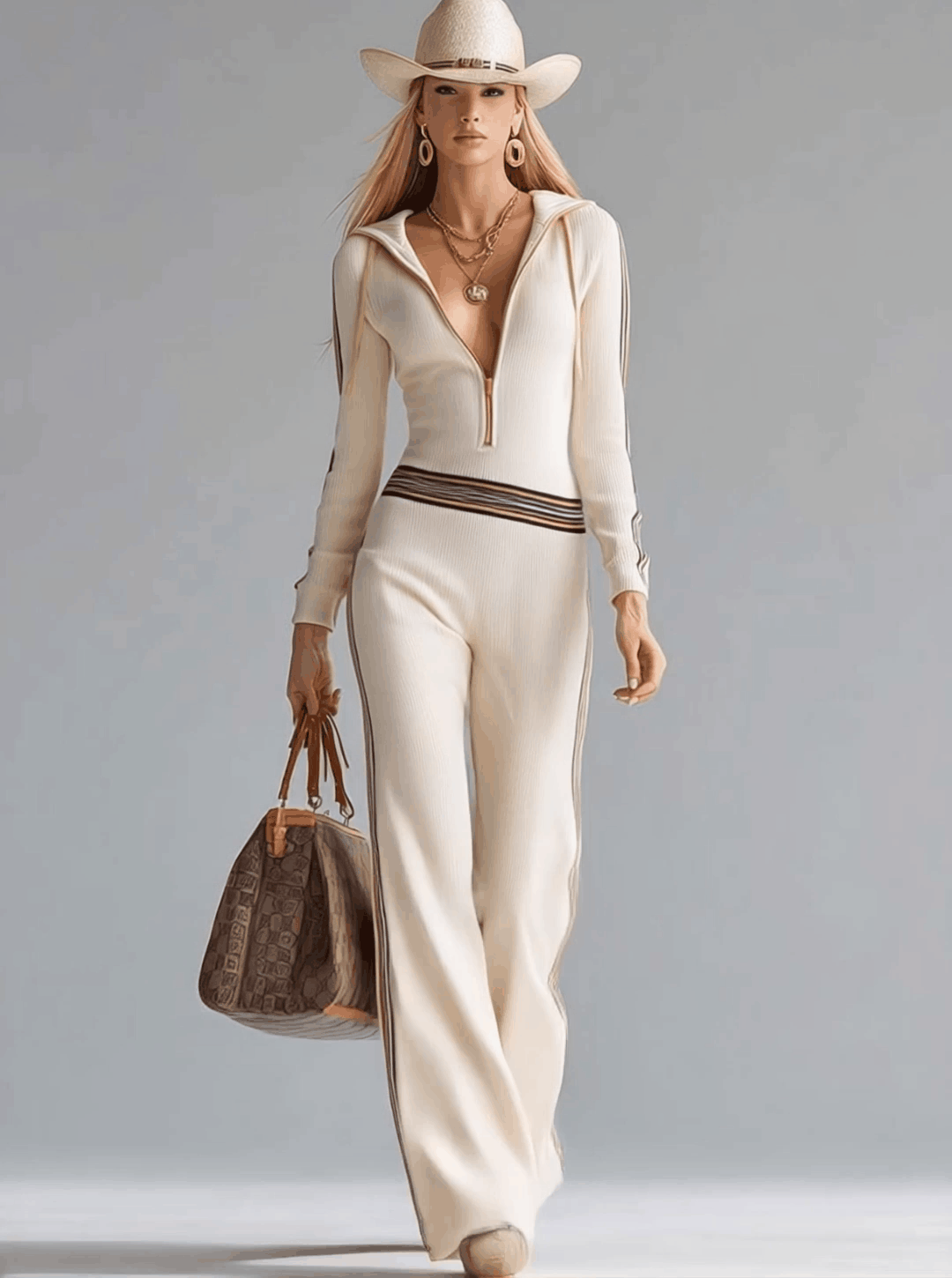 Retro Fashion Sports Hooded V-neck Front Zipper Off-white Knitted Jumpsuit