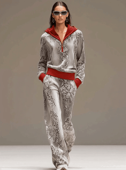 Casual Sporty Retro Snakeskin Gray Velvet Hooded Sweatshirt Wide-Leg Set 