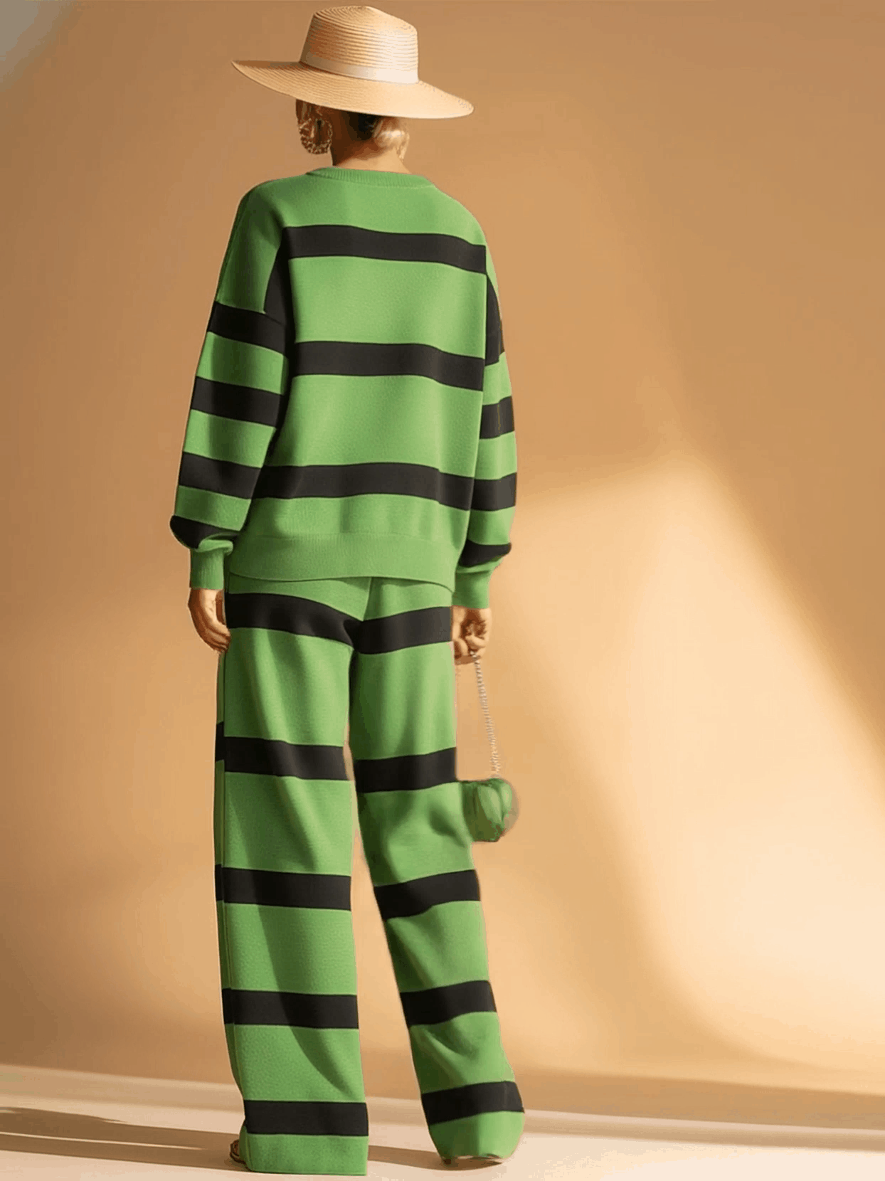 Casual Sports Green And Black Striped Sweatshirt And Pants Set