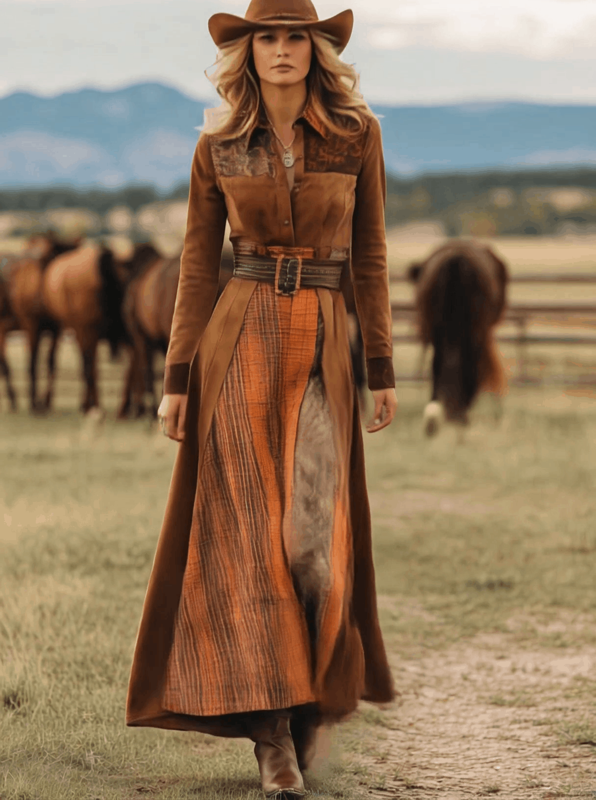 Western Retro Lace-Up Plaid Patchwork Caramel Faux Suede Maxi Dress 