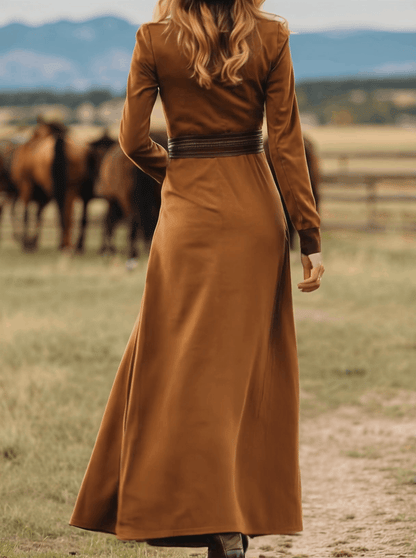 Western Retro Lace-Up Plaid Patchwork Caramel Faux Suede Maxi Dress 