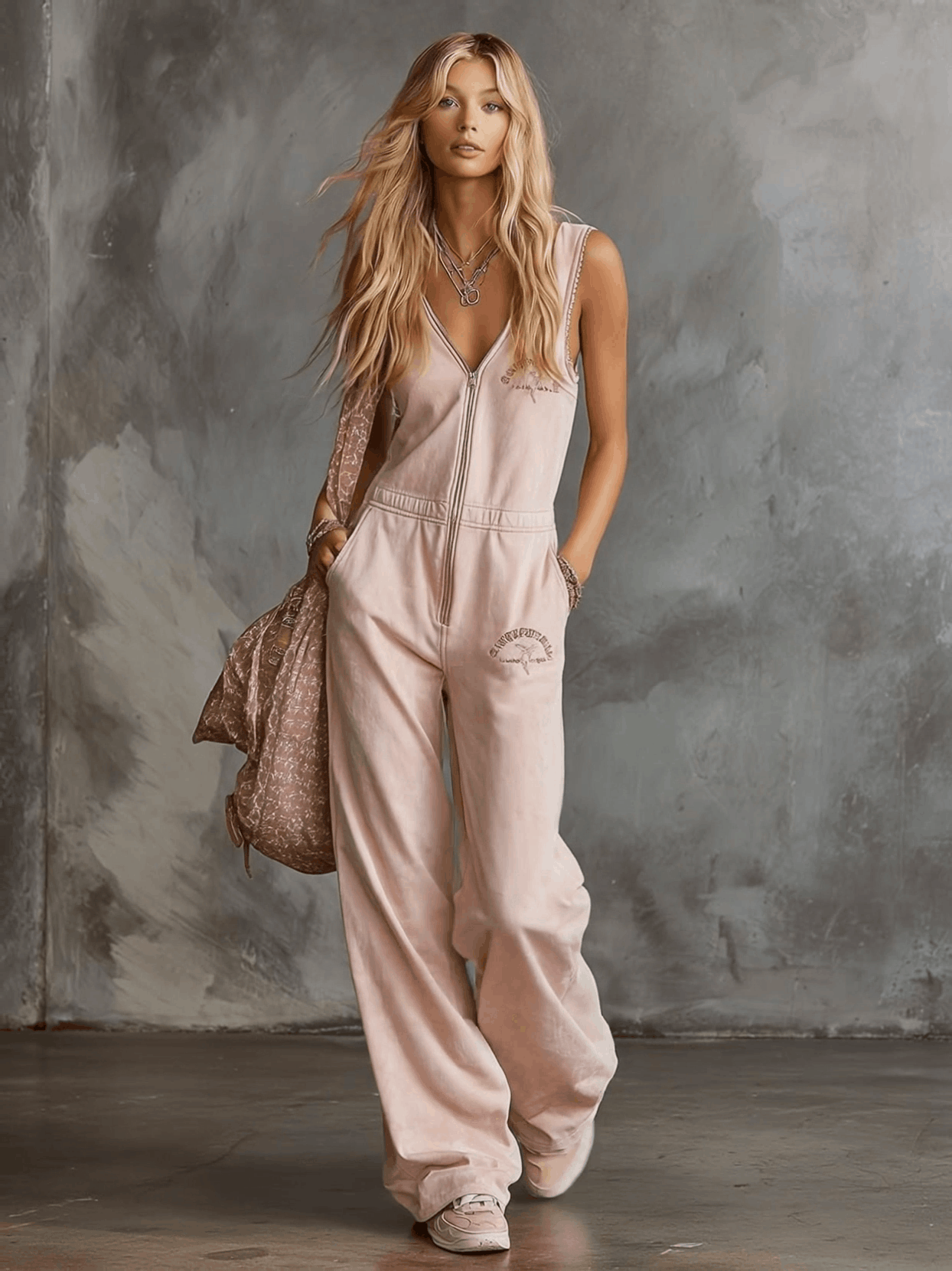 Elegant Retro Sporty V-neck Front Zipper Sleeveless Light Pink Cotton Jumpsuit