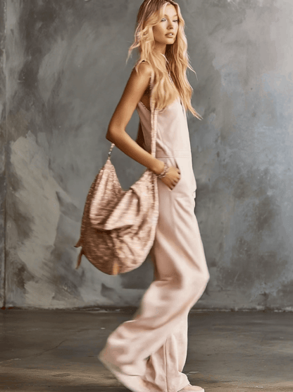 Elegant Retro Sporty V-neck Front Zipper Sleeveless Light Pink Cotton Jumpsuit