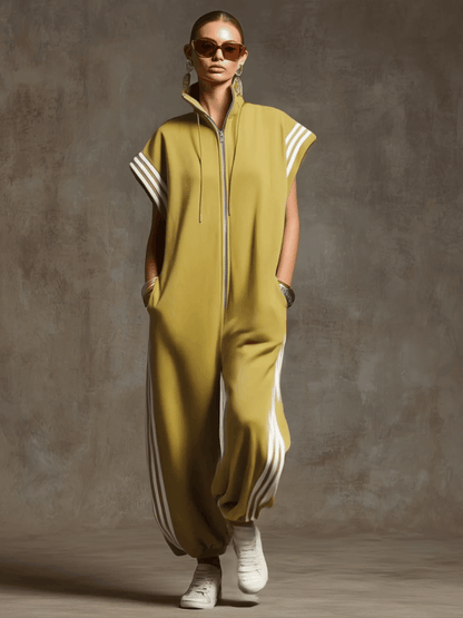 Casual Sports White Webbing Yellow-green Sleeveless Jumpsuit