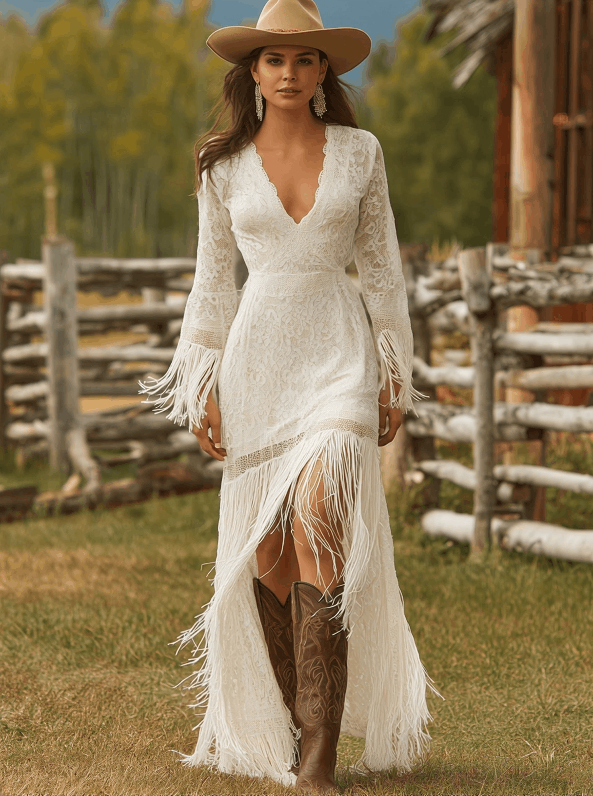 Retro White Lace V-neck Long Sleeve Tassel Short Front And Long Back Skirt Maxi Dress