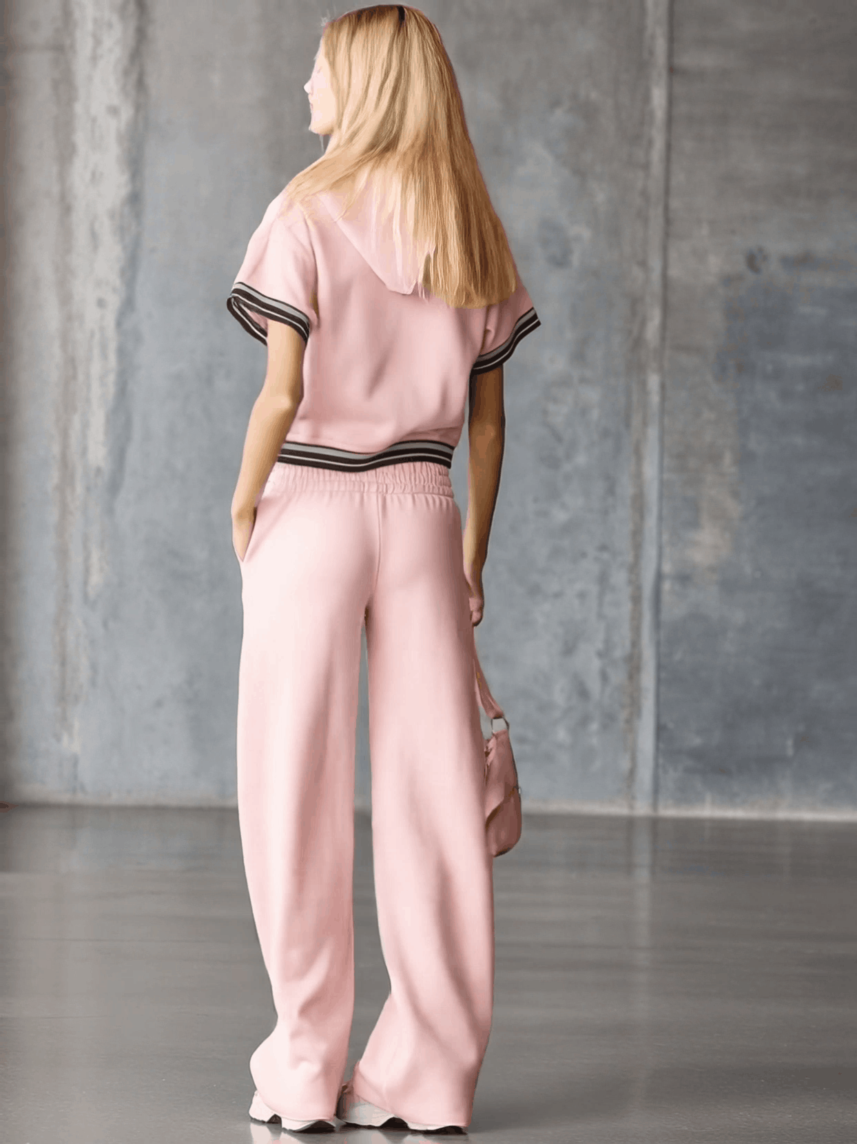 Elegant Fashion Sporty Hooded Front Zipper Short-sleeved Pink Cotton Top And Pants Set