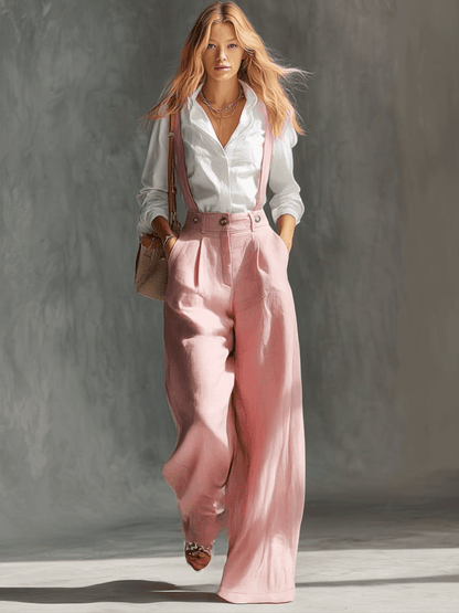 Elegant Vintage Versatile Pink Cotton And Linen Wide-leg Pants Overalls