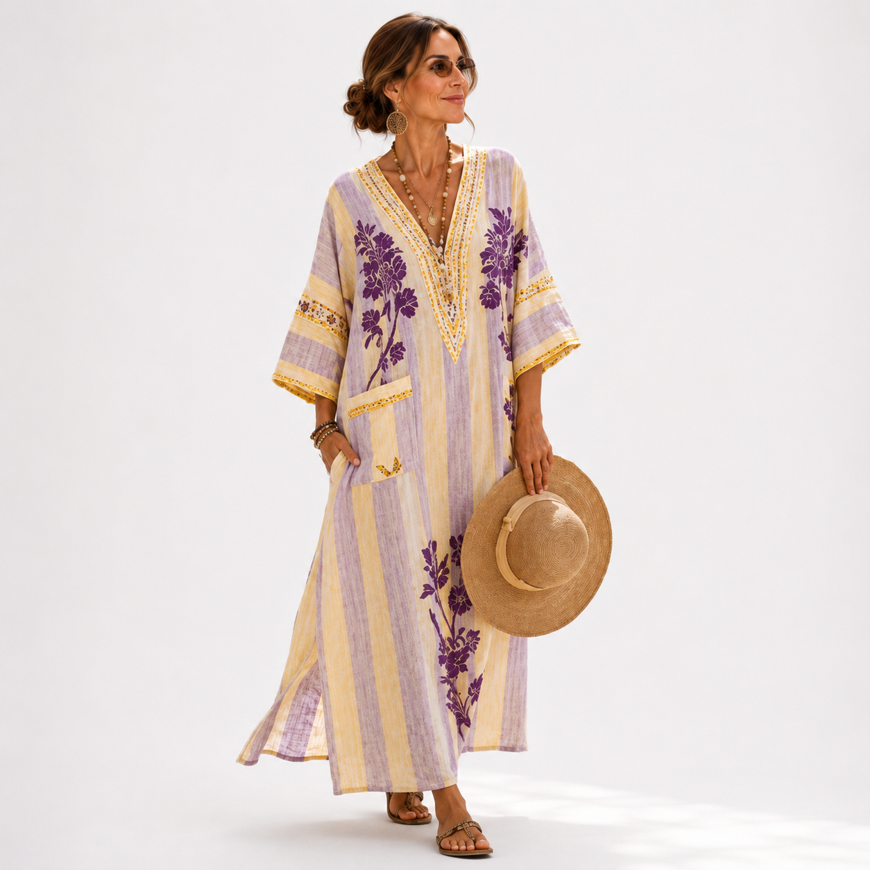 Sofía | Kaftan Lilas à Imprimé Floral