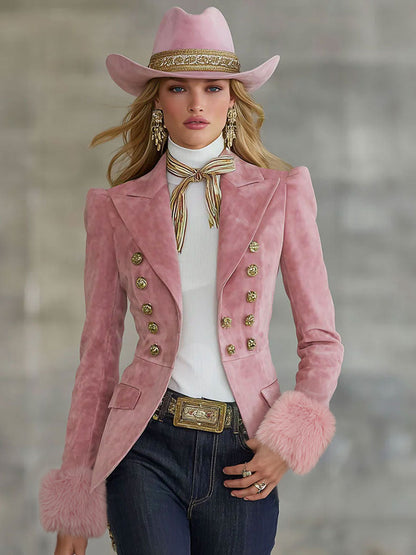 Lapel Multi-button Faux Suede And Fur Blazer