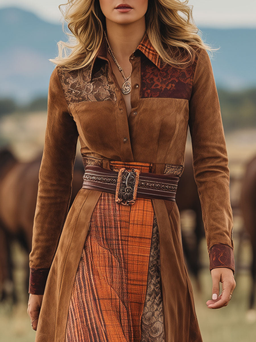 Western Retro Lace-Up Plaid Patchwork Caramel Faux Suede Maxi Dress 