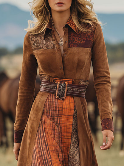 Western Retro Lace-Up Plaid Patchwork Caramel Faux Suede Maxi Dress 