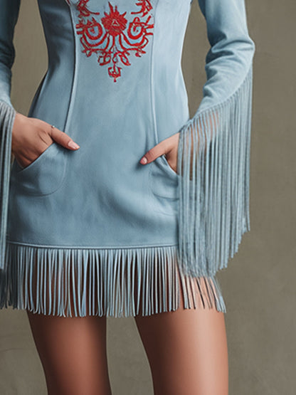 Western Retro Red Embroidered Blue Faux Suede Long-Sleeved Tassel Mini Dress
