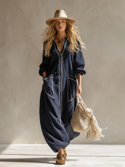 Elegant Urban-style Navy Blue Cotton And Linen Maxi Dress