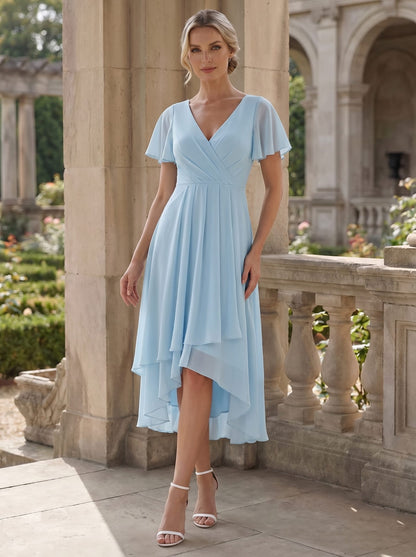 ever LARK|Chiffon Elegance Short Sleeve High-Low Wedding Guest Dress