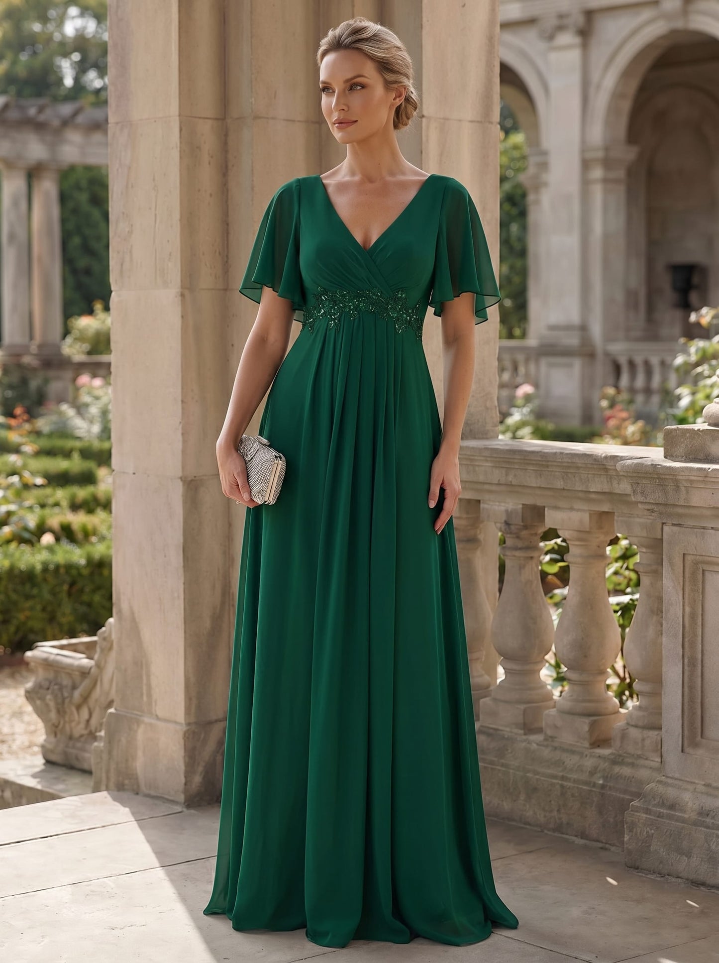 ever IVYROSE|Elegant Chiffon Applique Evening Dress with Flutter Sleeves