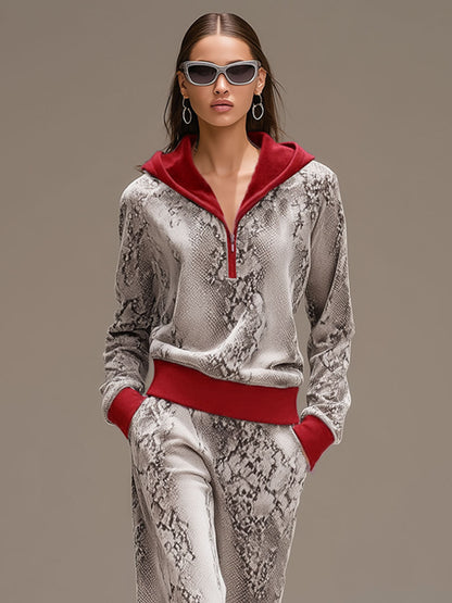 Casual Sporty Retro Snakeskin Gray Velvet Hooded Sweatshirt Wide-Leg Set 