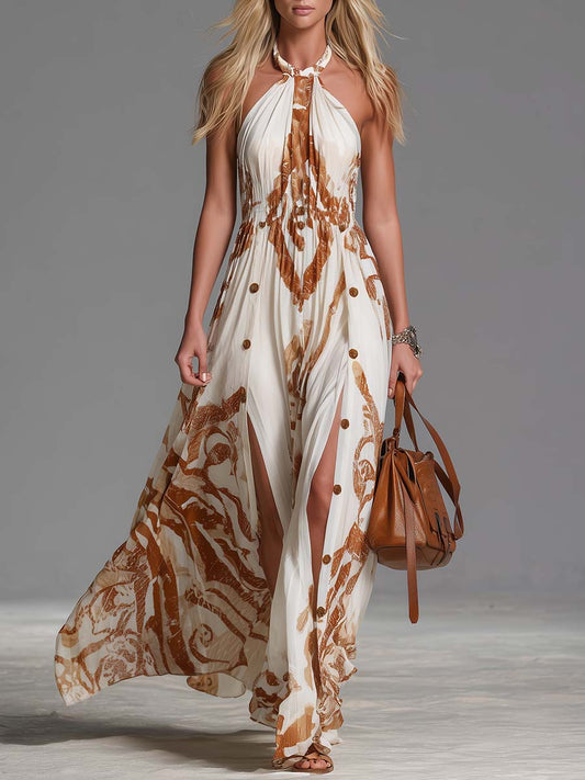 Vintage Bohemia Halter Neck Brown Western Print Off White Chiffon Split Maxi Dress