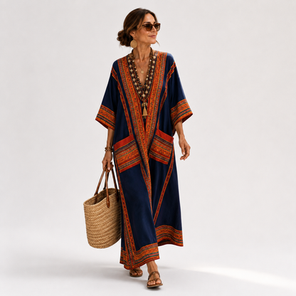 Samira | Caftan Bleu à Imprimé Ethnique