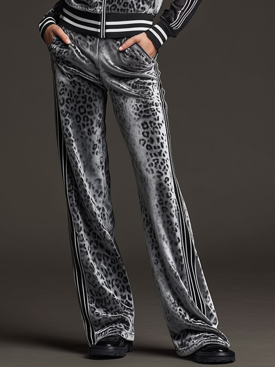 Sporty Retro Striped Mesh Sleeve Gray Leopard Print Velvet Sweatshirt And Pants Set